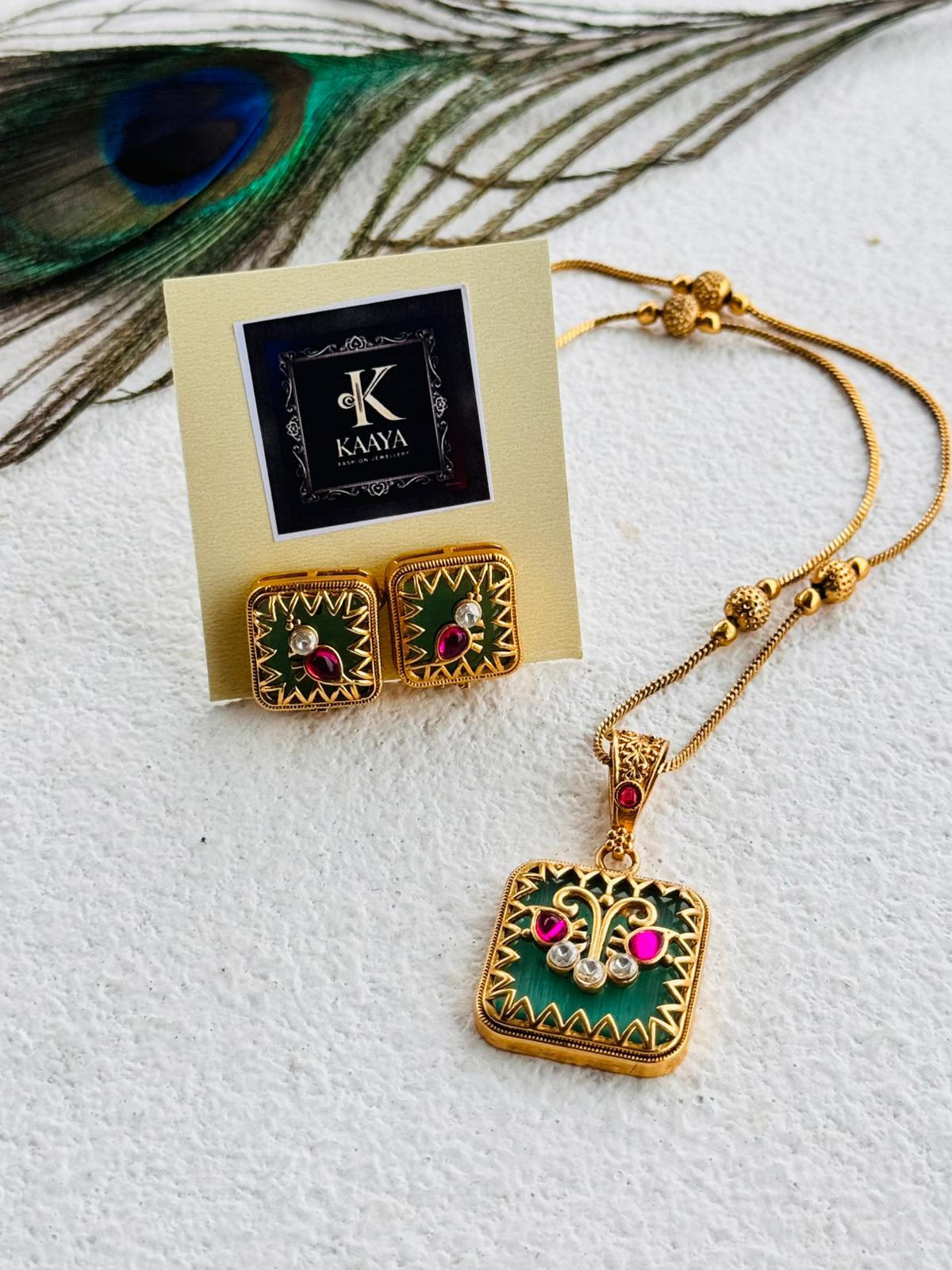 Elegant Square Ruby-Pink/Green Pendant Set