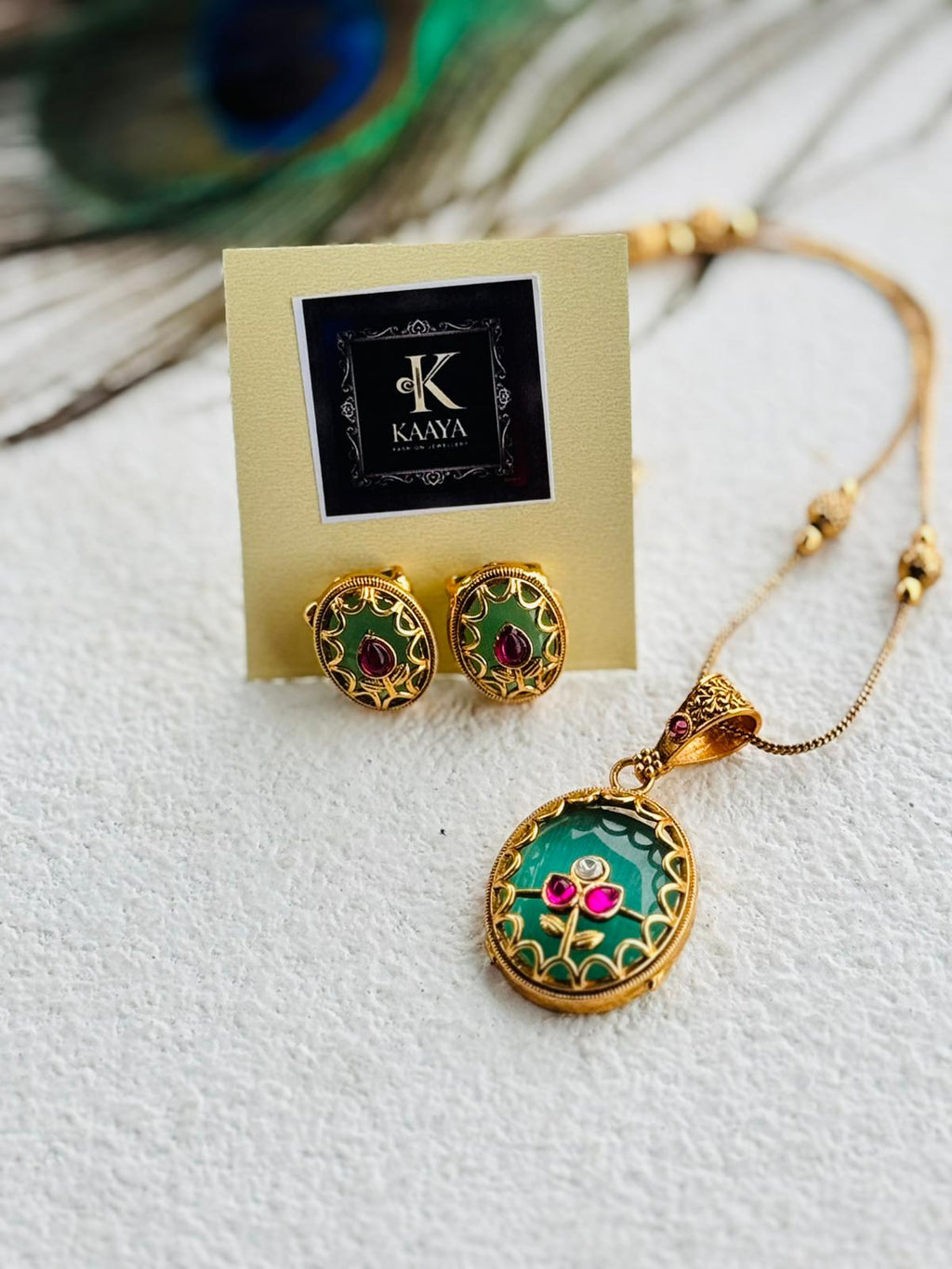 Emerald Enamel Floral Pendant Set