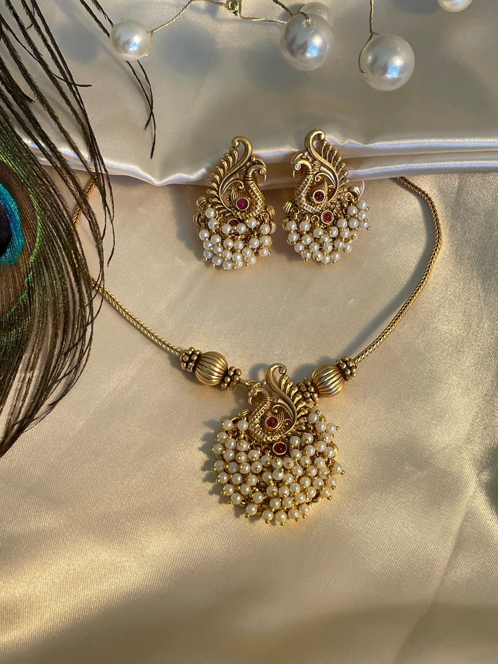 Antique Gold Peacock Pendant Necklace Set