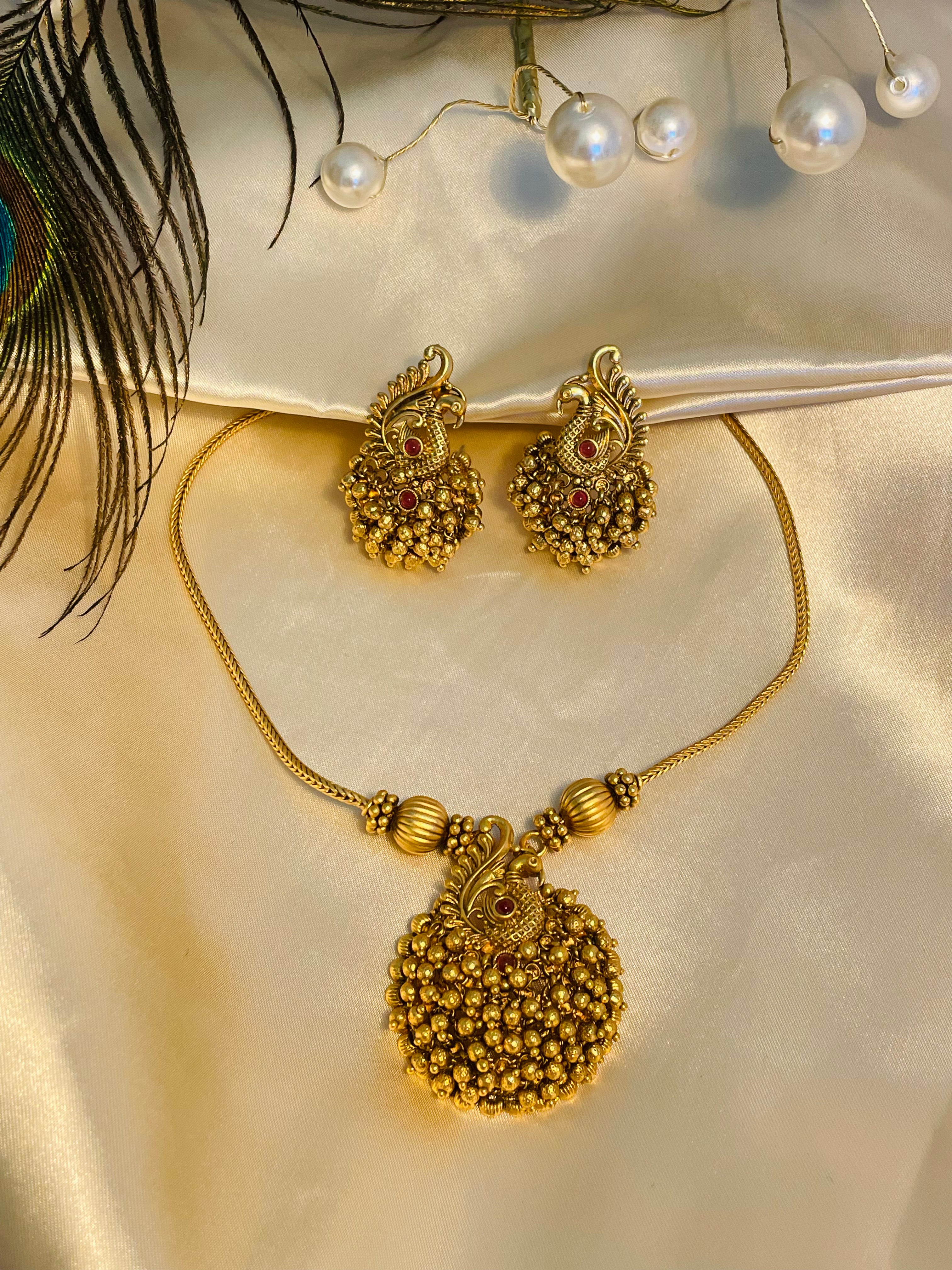 Antique Gold Peacock Pendant Necklace Set