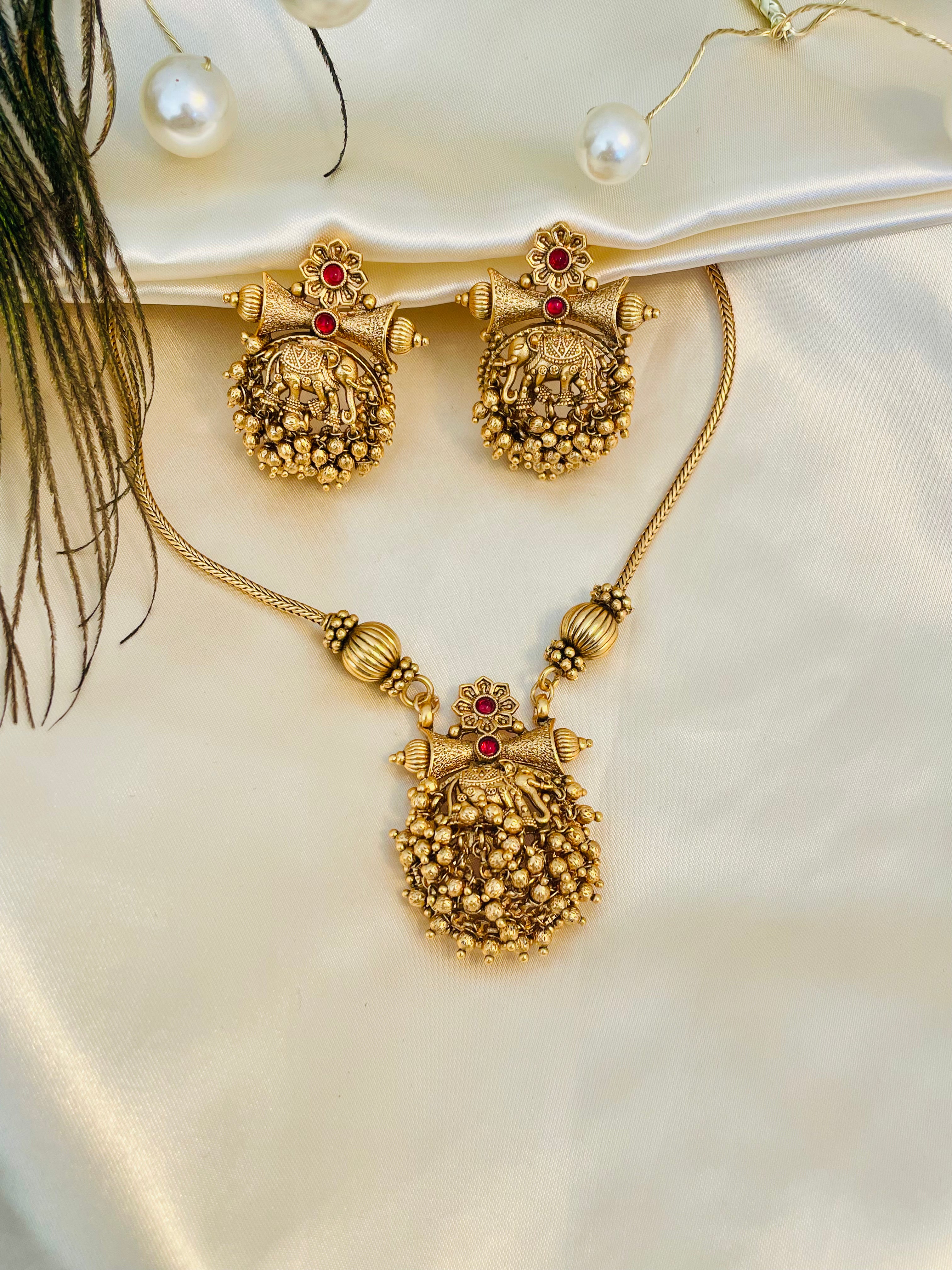 Temple Necklace Set with Elephant Pendant