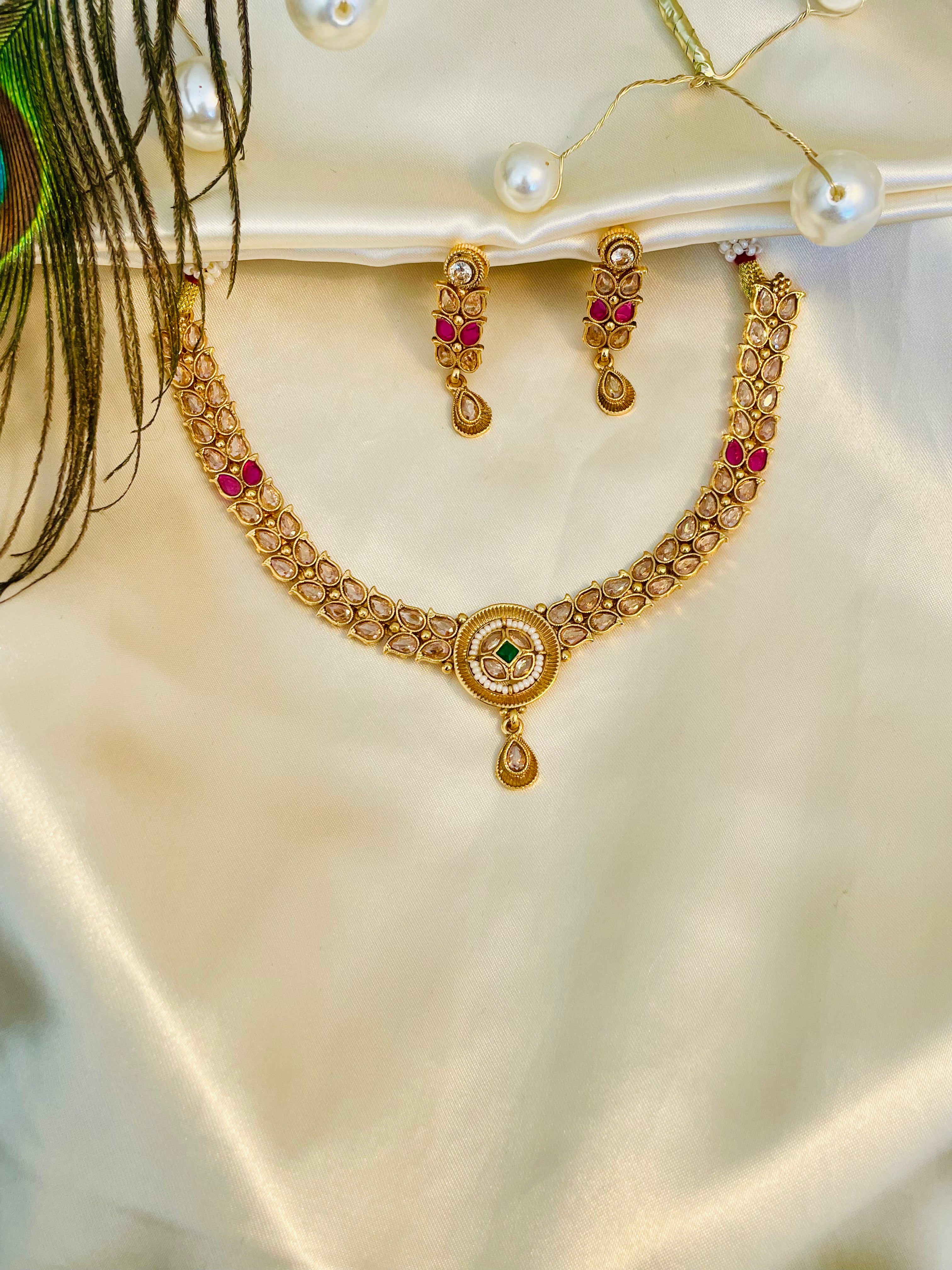 Traditional Necklace Set with Ruby and Emerald Accents