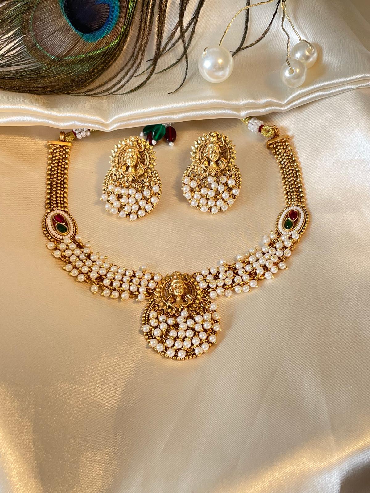 Traditional Shiva Pearl Necklace Set with Ruby Accents