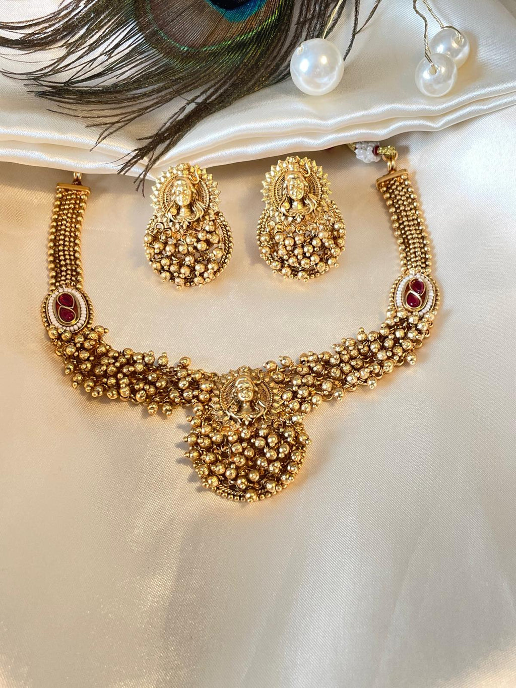 Traditional Shiva Pearl Necklace Set with Ruby Accents