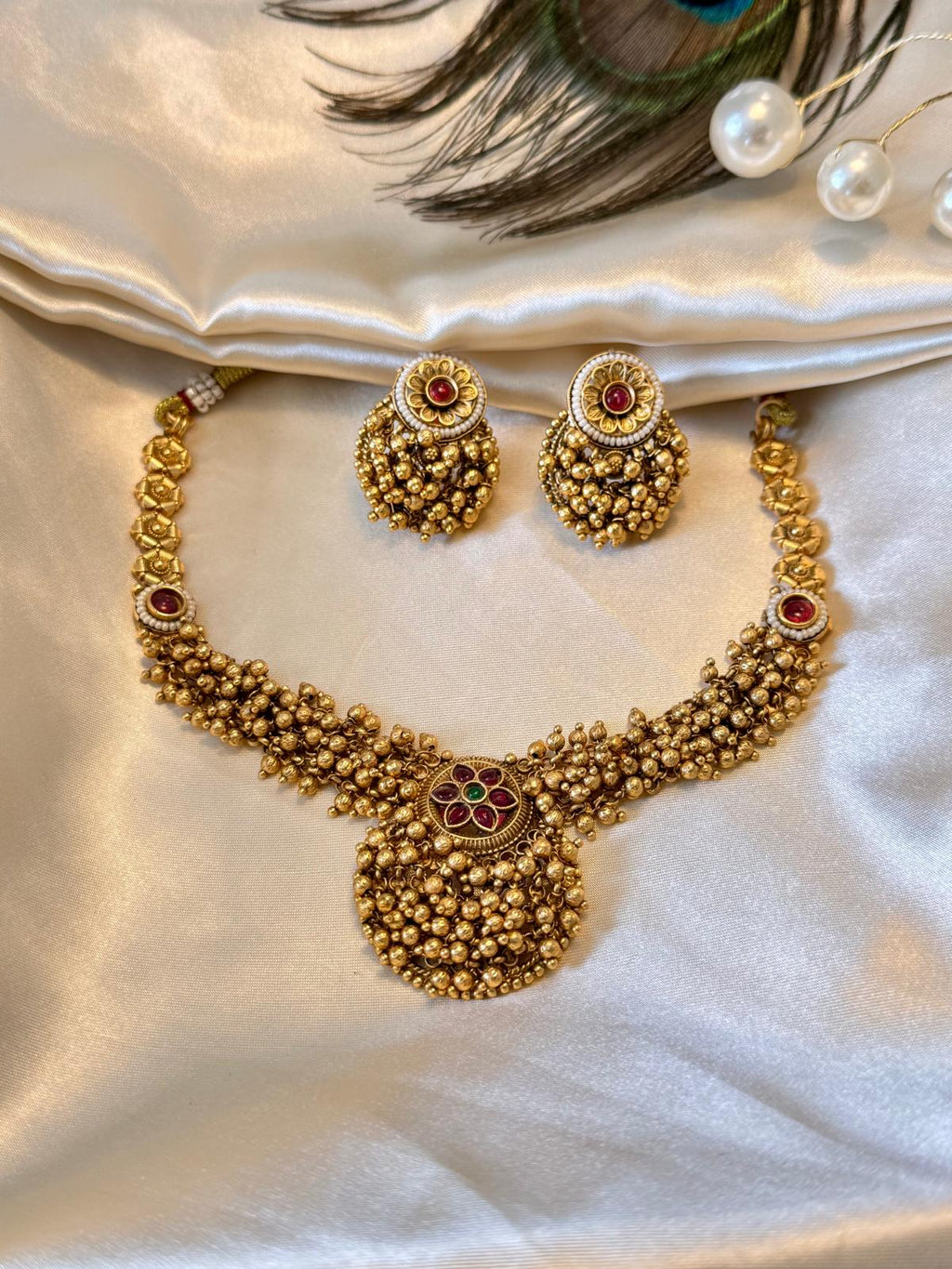 Traditional Ruby Pearl Necklace Set with Floral Motifs